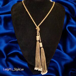 Long Chain Necklace Brass Gold-tone Tassels Tassles Faux Pearl Vintage?